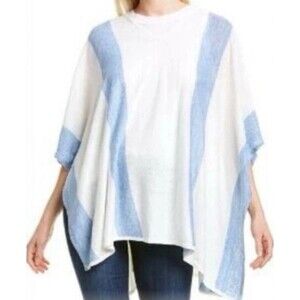 J McLaughlin Linen Poncho One Size Blue Stripe Coverup Coastal Beach Nautical